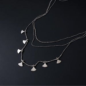 Long Boho Silver Tone Chain Beaded Fan Charms Layered Minimalist Necklace